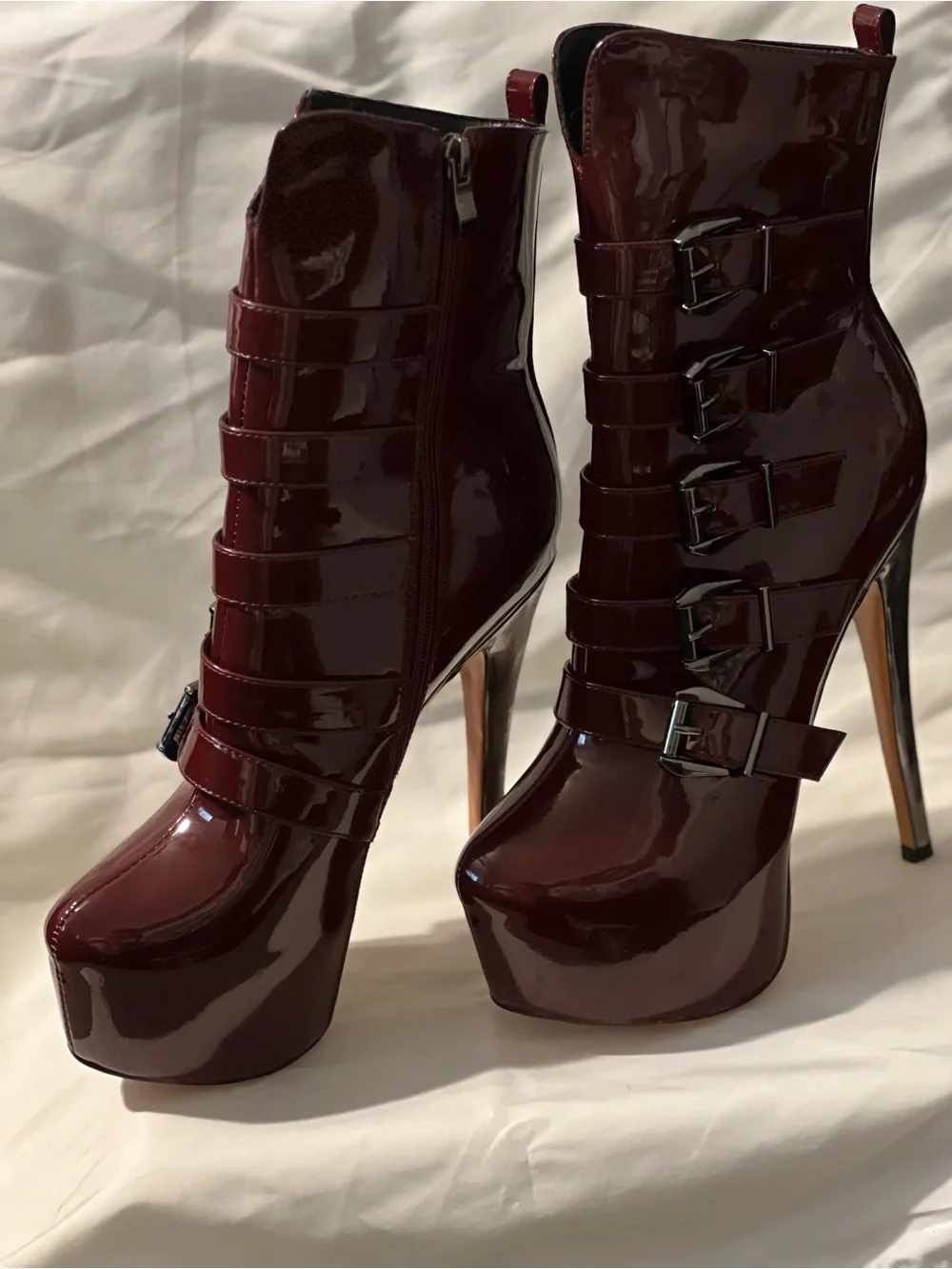 Women’s Burgundy Patent Platform Ankle Boots with Buckle Straps